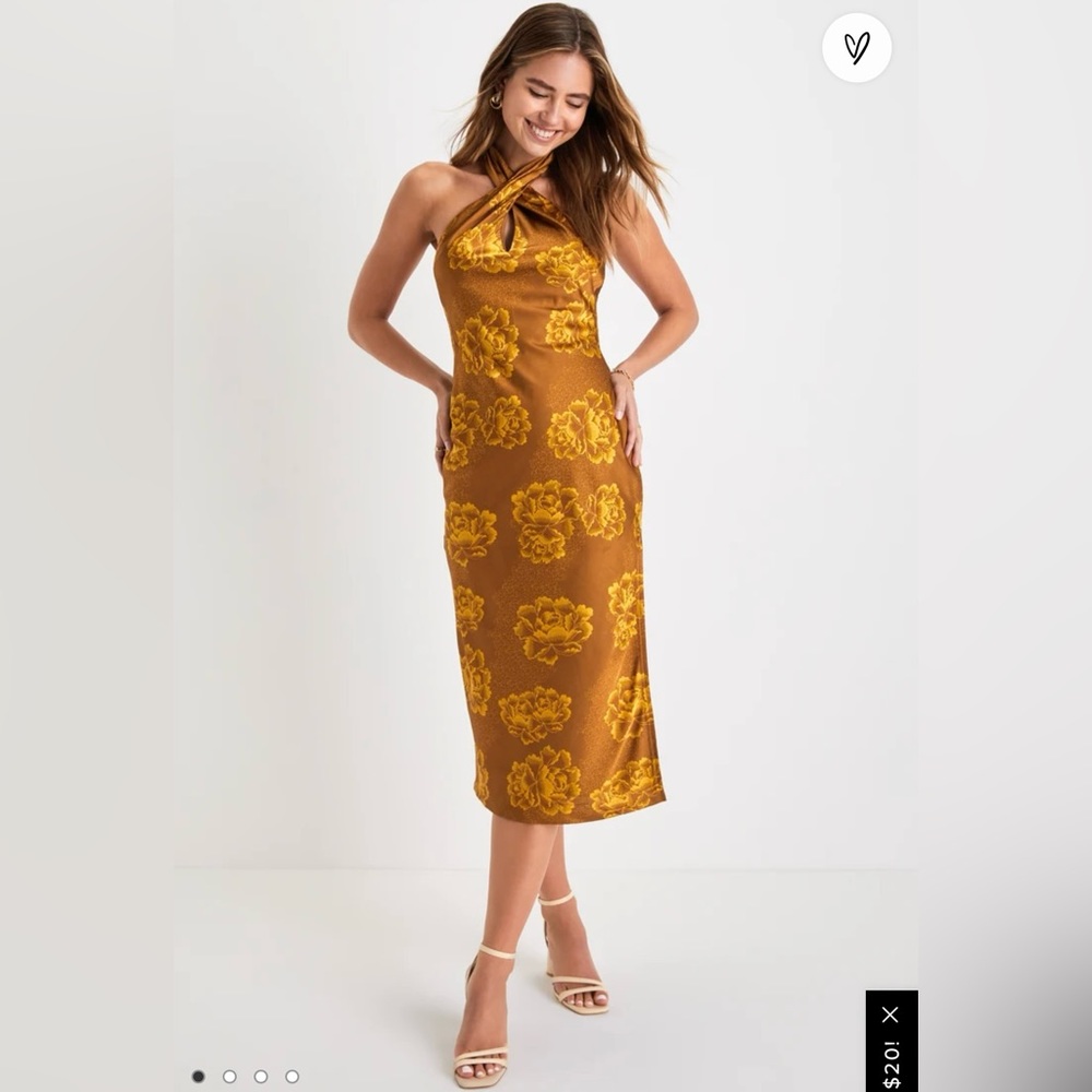 Luminous Darling Dark Gold Satin Floral Halter Midi Dress